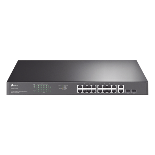 Switch no administrable de 16 puertos 10/100/1000Mbps y PoE af/at, 2 puertos SFP hasta 250W.