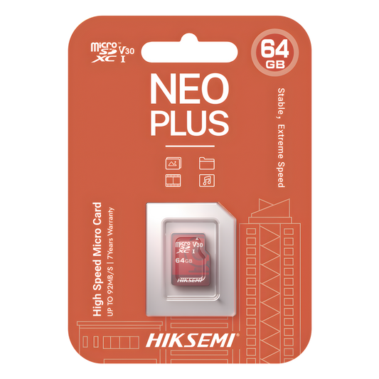 MicroSD HIKSEMI NEO Plus / 64 GB / 95 MB/s Lectura / 40 MB/s Escritura / Clase 10 U3 / TLC NAND / Especializada Para Videovigilancia 24/7