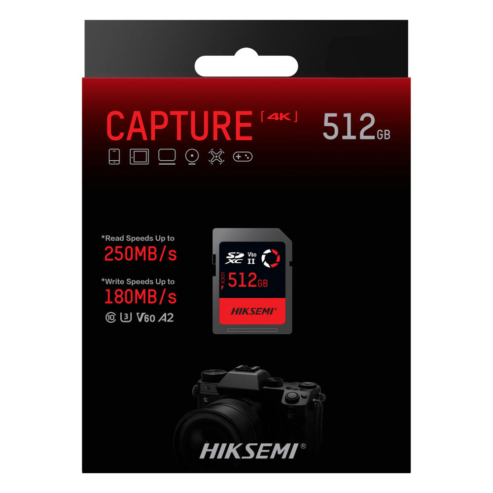 Memoria SD / 512 GB / 250 MB/s Lectura / 180 MB/s Escritura / V60 U3 / Para Fotografía Profesional 4K / HIKSEMI CAPTURE E60