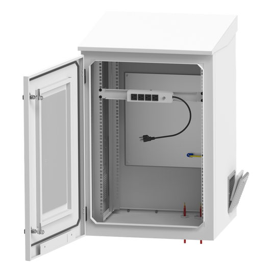 Gabinete de Exterior con Rack de 19" de 16U con Ventiladores y Termostato, Se envía el Gabinete Armado. (Montaje a poste o torre se vende por separado).