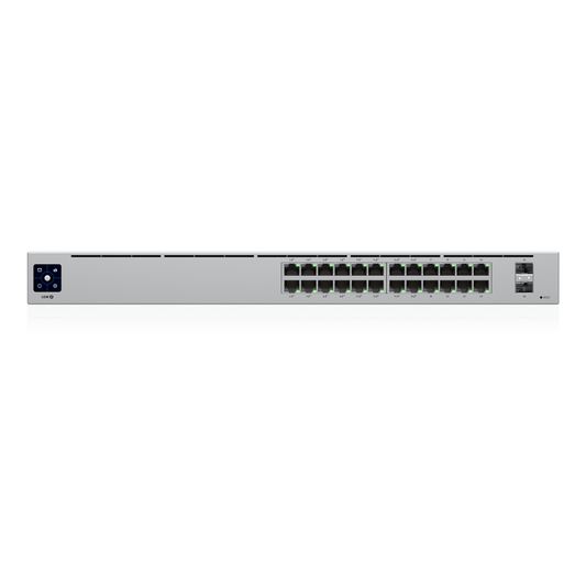 Switch UniFi Capa 2 / 24 Puertos Gigabit / 16 Puertos PoE+ 802.3af/at / 95W Total / 2 Puertos SFP 1G / Pantalla LCM / Sin Ventilador