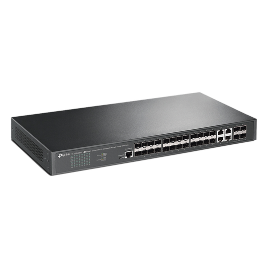 Switch de Fibra Óptica L2+ Omada / 24 puertos SFP 1GE / 4 Puertos Combinados SFP+/RJ45 Gigabit / 2 Puertos Consola RJ45|micro-SUB / Administración Centralizada Omada o Stand-Alone / Compatile con IPv6 / Multicast IGMP