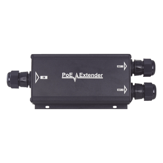 Extensor PoE/ 100 Metros / Intemperie (IP66) / 60 Watts / 1 puerto @ 2 salidas a 30 W / No requiere fuente de alimentación adicional