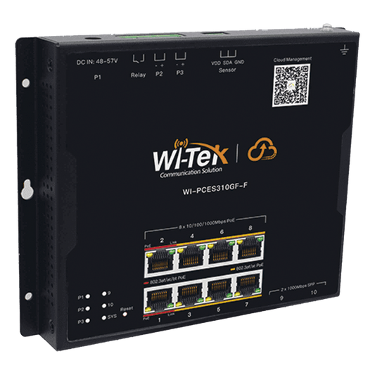 Switch L2 PoE Industrial / Administración Cloud Gratuita / 8 Puertos PoE af/at/bt 10/100/1000 Mbps / 2 Puertos SFP Gigabit / Máx Presupuesto PoE 145 W / Montaje Magnético - Riel DIN.