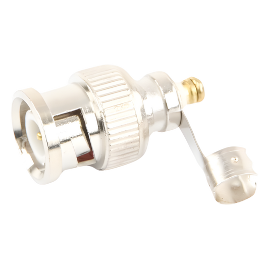 Conector BNC macho en 75 Ohm, para cable coaxial RG-59 / Con base de alivio negra de PVC, Níquel/ Oro/ PTFE.