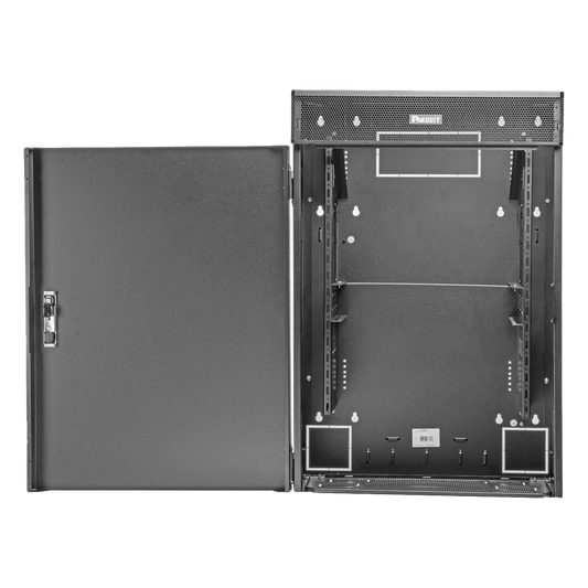 Gabinete de Montaje en Pared TrueEdge™, Con 9 UR para Equipo Activo y 9 UR para Paneles de Parcheo, Fabricado en Acero, Color Negro