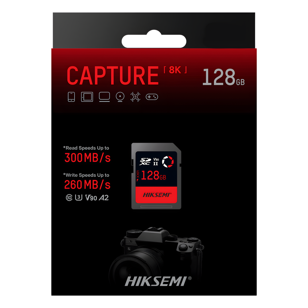 Memoria SD / 128 GB / 300 MB/s Lectura / 260 MB/s Escritura / V90 U3 / Para Video 8K Profesional / HIKSEMI CAPTURE E90