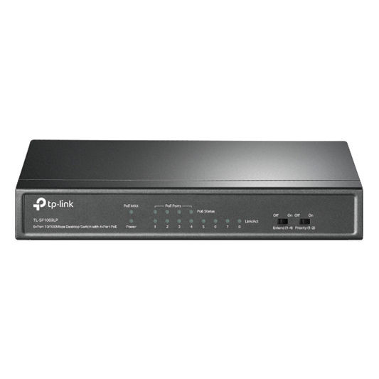 Switch PoE No Administrable de Escritorio / 8 puertos 10/100 Mbps / 4 puertos PoE af / Presupuesto 41 W / Modo extensor PoE hasta 250 metros / Calidad video prioritaria