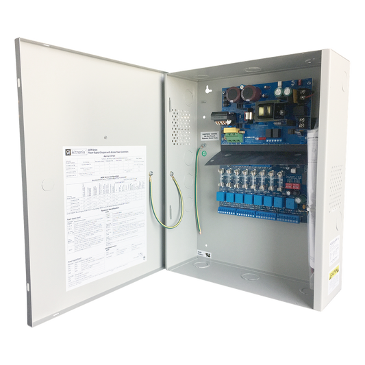 Fuente de poder ALTRONIX de 12/24 Vcc @ 6 Amper, con capacidad de batería de respaldo, requiere batería, 8 salidas, con voltaje de entrada de 115 Vca