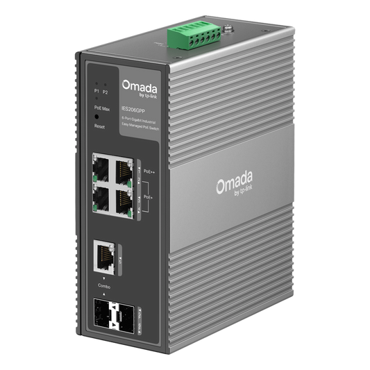 Switch Industrial Easy Managed / 6 Puertos Gigabit (4 PoE) / 120W PoE Budget / IP40 / -40°C a 75°C / 6kV Protección Rayos / Cloud Management Omada / DIN-Rail