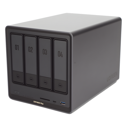 NAS UGREEN NASync DXP4800 Plus / Procesador Intel Pentium Gold 8505 5 Núcleos / 4 Bahías SATA + 2 M.2 NVMe PCIe 4.0 / 8GB DDR5 Expandible a 64GB / 10GbE + 2.5GbE / USB 3.2 Gen 2 Tipo C / HDMI 4K / Sistema Almacenamiento Conectado Red