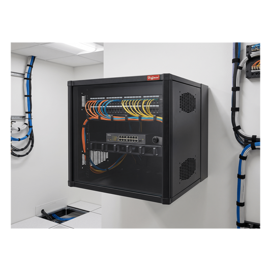 Gabinete AccessPlus de 12 UR Montaje en Pared de 19in, Rieles Numerados y Roscados #10-32, Puerta con Ventana de Seguridad, 600 mm de Ancho, 637 mm de Profundidad, Color Negro