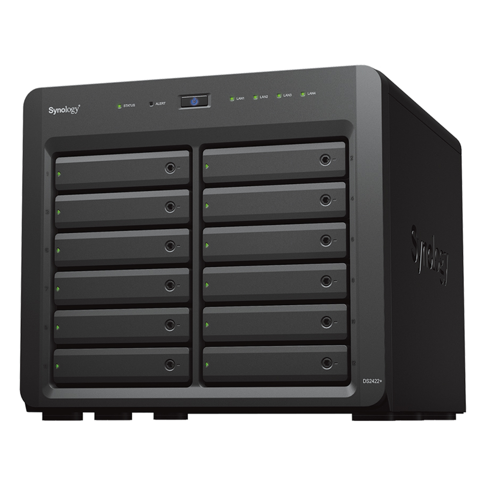 NAS Synology DiskStation DS2422+ | 12 Bahías | Expandible a 24 Bahías | Procesador AMD Ryzen Quad-Core | Hasta 32 GB DDR4 ECC | Caché NVMe SSD | Redes 10/25GbE | Compatible con Virtualización y Vigilancia.