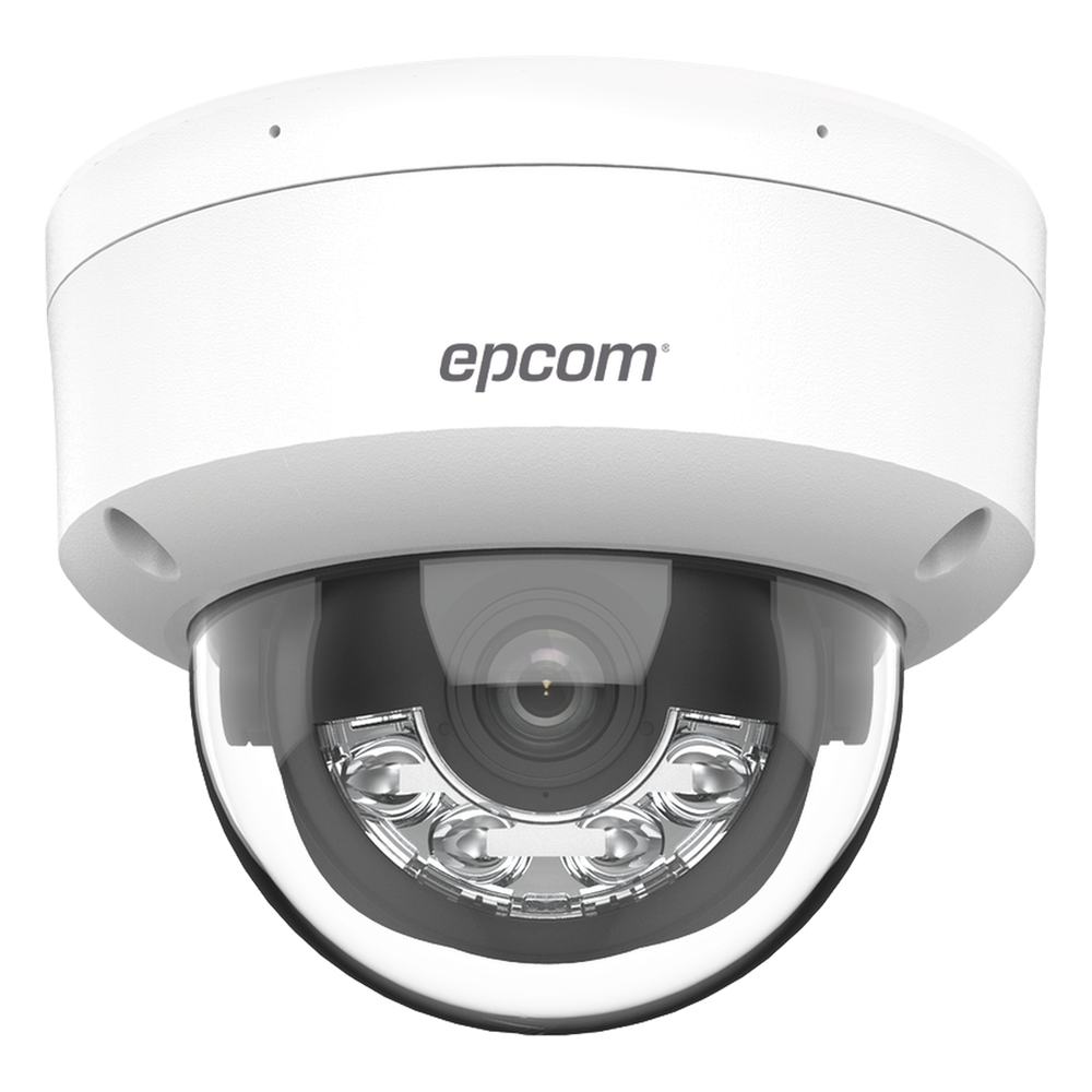 Domo IP 4 Megapixel / Lente 2.8 mm / Dual Light (30 mts IR + 30 mts Luz Blanca) / Micrófono Integrado / Antivandálico IK08 / Motion Detection 2.0 / Exterior IP67 / H.265 / PoE / ONVIF / Micro SD