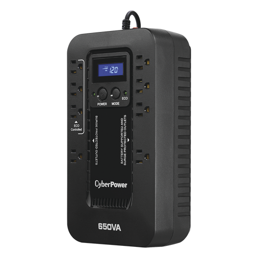 UPS de 650 VA/390 W, Topología Standby con Modo Ahorrador ECO, Entrada 120 Vca NEMA 5-15P, Con 8 Tomas NEMA 5-15R