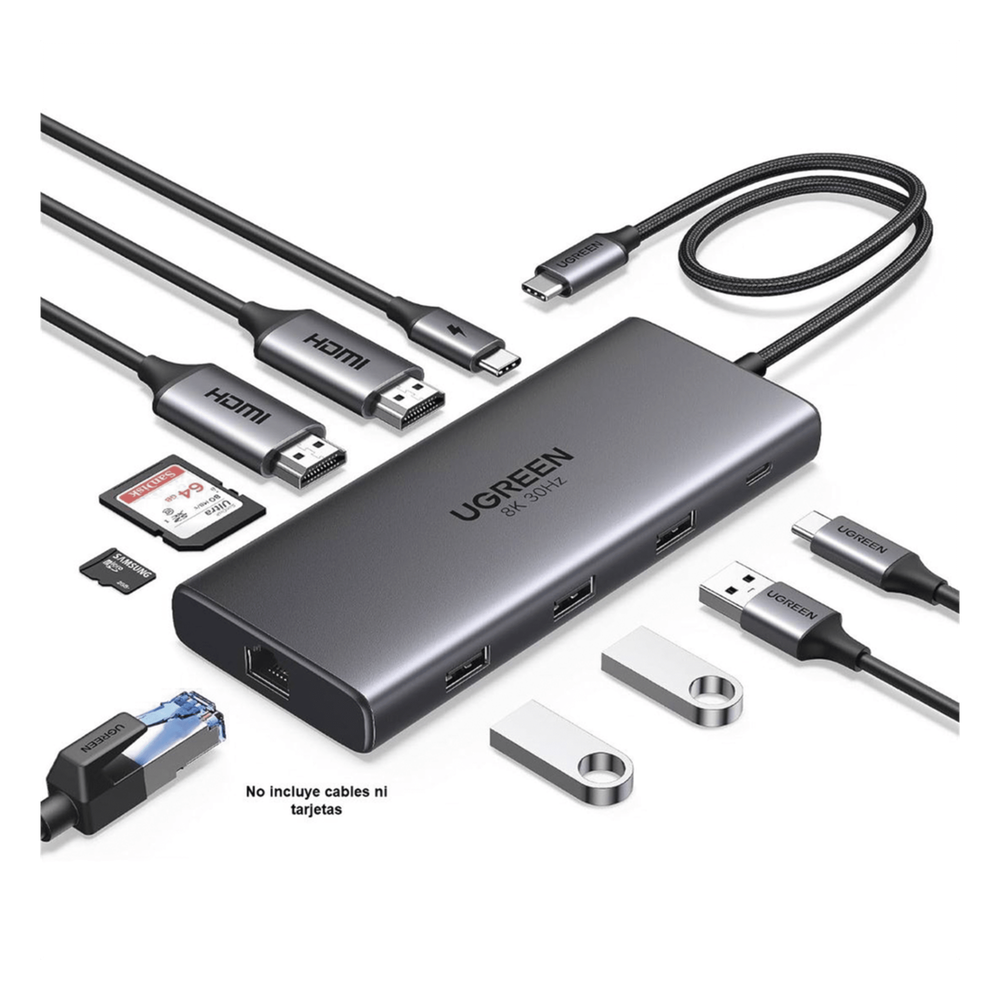 Docking Station USB-C Hub 10 en 1 UGREEN Revodok Pro 210 / Dual HDMI 4K 60Hz y 8K 30Hz / 3 Puertos USB-A + USB-C 3.0 / Carga PD 100W / Ethernet Gigabit 1000M / Lector Tarjetas SD y TF / Compatible Windows y macOS