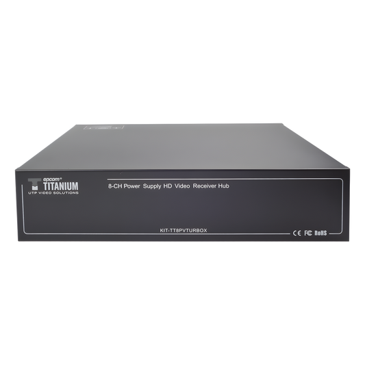 Kit de TRANSCEPTOR ACTIVO DE 8 CANALES / VIDEO+PODER en un solo Cable UTP / 150 metros en 4K, 200 metros en 5 MP/ Envía 36 Vcc y Recibe 12 Vcc / TODO INCLUIDO PARA RACK / Compatible con cámaras HD-TVI/CVI/AHD/CVBS / INSTALACIÓN LIMPIA