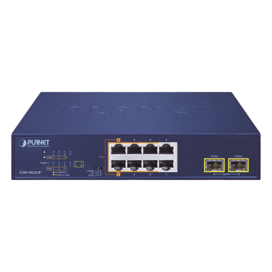 Switch PoE No Administrable de Escritorio, 2 Puertos Gigabit 802.3bt, 4 Puertos Gigabit 802.3at, 2 Puertos 10/100/1000, 2 Puertos SFP Gigabit.