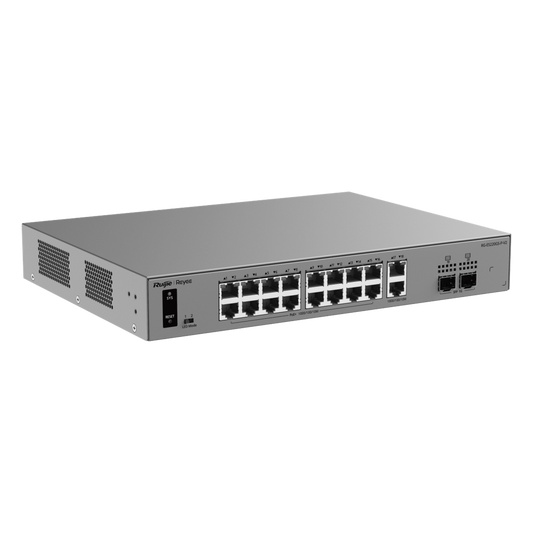 Switch Smart Cloud Managed PoE+ Capa 2 / 20 Puertos Gigabit / 16 Puertos PoE+ 250 W / 2 SFP 1G / Switching 40 Gbps / Forwarding 29.76 Mpps / Protección 6 kV / Gestión Cloud Ruijie / Metal / Rack