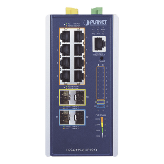 Switch Industrial Administrable Capa 3, Con 8 Puertos PoE Gigabit 802.3bt, 2 Puertos SFP de 1 G / 2.5 G, 2 Puertos SFP 10 G