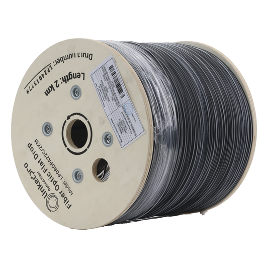 Carrete de 2 km de Fibra Óptica Drop Plana, Interior/Exterior G.657A2 Monomodo de 2 Hilos (Bifibra), Dieléctrica, Forro Negro, (No Soporta Conectores Mecánicos)