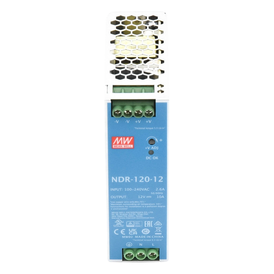 Fuente de poder industrial de 120 W, salida 12 Vcc, entrada 90~264 VCA, para montaje en riel DIN,