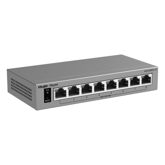 Switch Gigabit Smart Cloud-Managed / 8 Puertos 10/100/1000BASE-T / Capa 2 / Switching 16 Gbps / AI-Powered Failover / Modo CCTV Un-Click / Gestión Cloud Ruijie & App Reyee / Diseño Fanless / Gabinete Metal / Protección Surge 6 kV