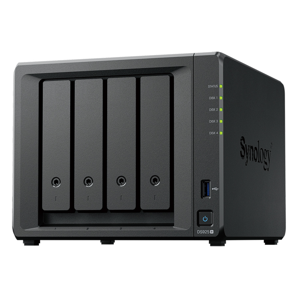 NAS DiskStation DS925+ | 4 Bahías | Expandible a 9 Bahías | 2 Puertos 2.5GbE | 2 Ranuras M.2 NVMe | AMD Ryzen V1500B | 4 GB DDR4 ECC | Hasta 565 MB/s Escritura Secuencial | Compatible con RAID | Synology DSM.