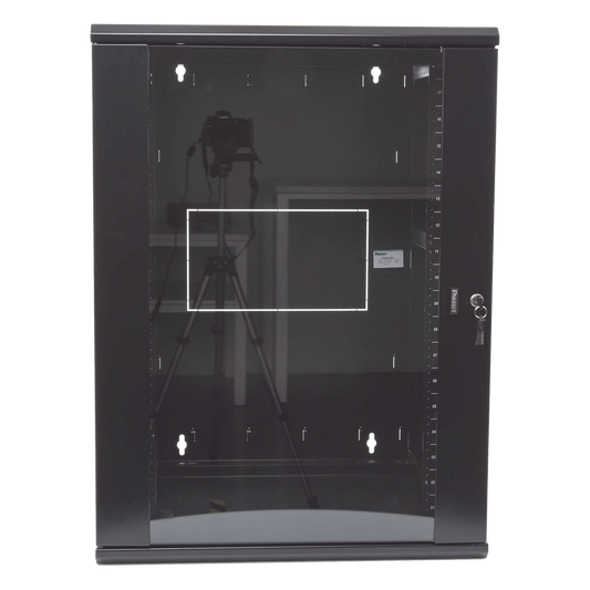 Gabinete PanZone de Montaje en Pared, de 19in, Puerta con Ventana de Seguridad, 18 UR, 635mm de Profundidad, Color Negro