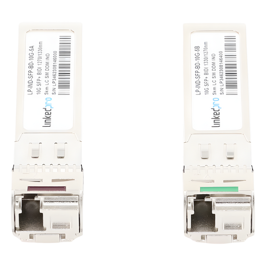 Transceptores Ópticos Industriales Bidireccionales SFP+ (Mini-Gbic) / Monomodo 1270 & 1330 nm / 10 Gbps / 10GBASE / Conector LC/UPC Simplex / DDM / Hasta 5 km / 2 Piezas