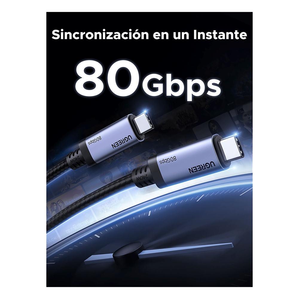 Cable USB-C Thunderbolt 5 / 80 Gbps Bidireccional / 120 Gbps Unidireccional / 1 m (3.28 ft) / 24 Pines / E-Marker IP2133H / 5A Máximo / Aluminio + Cobre Blindado