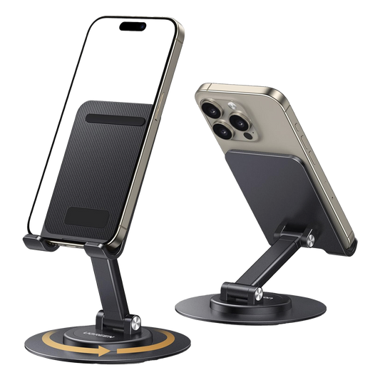 Soporte para Teléfono Celular Giratorio | 360° de Rotación | Angulo Ajustable | Altura Ajustable 17-20cm | Antideslizante | Ejes Giratorios de Alta Precisión| Plegable | Aluminio | Color Gris