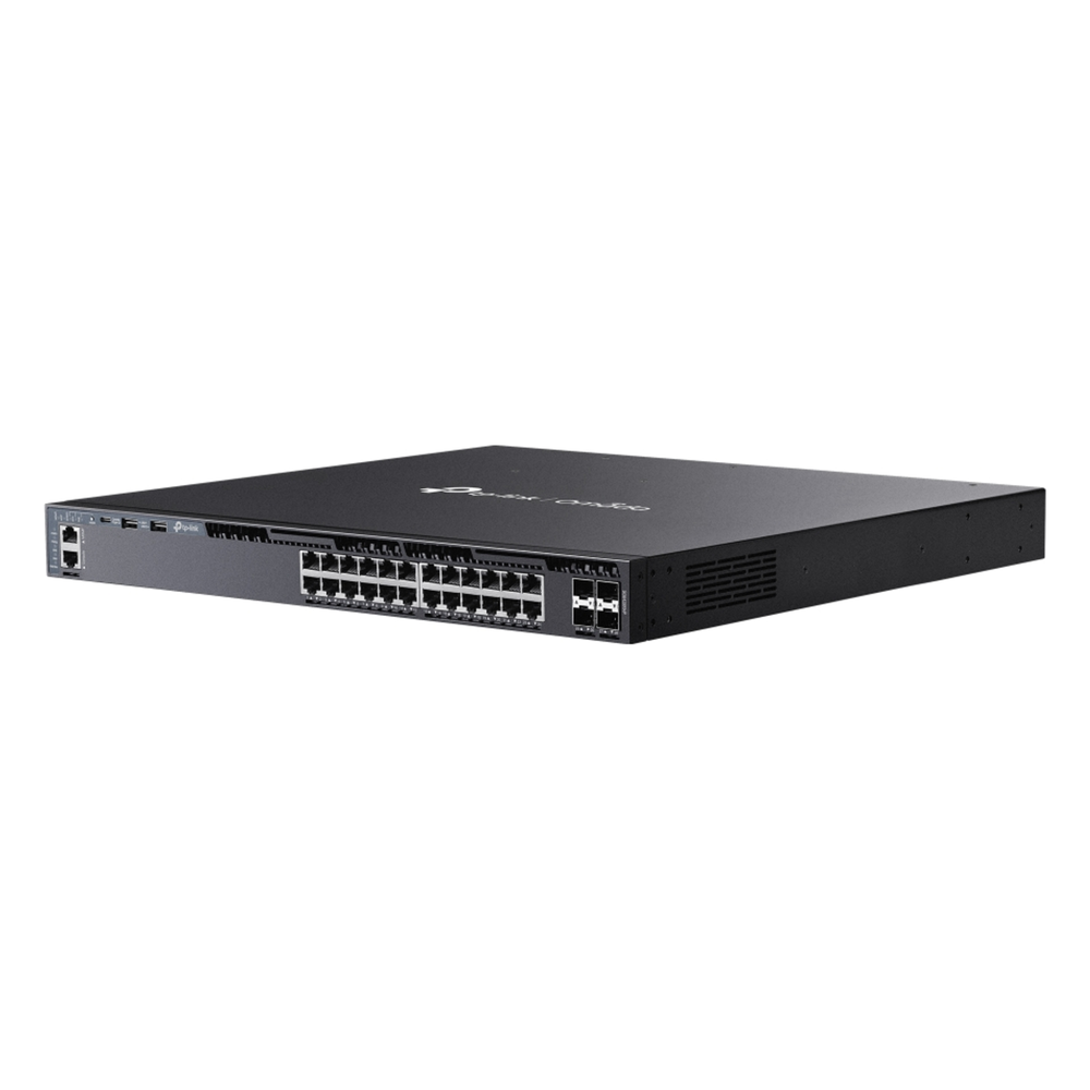 Switch Omada L3 SDN Administrable / 24 puertos PoE af/at Gigabit y 4 puertos SFP+ / Presupuesto PoE 720W / Funciones RIP, VRRP, Servidor DHCP / Administración centralizada OMADA / Fuente Redundante