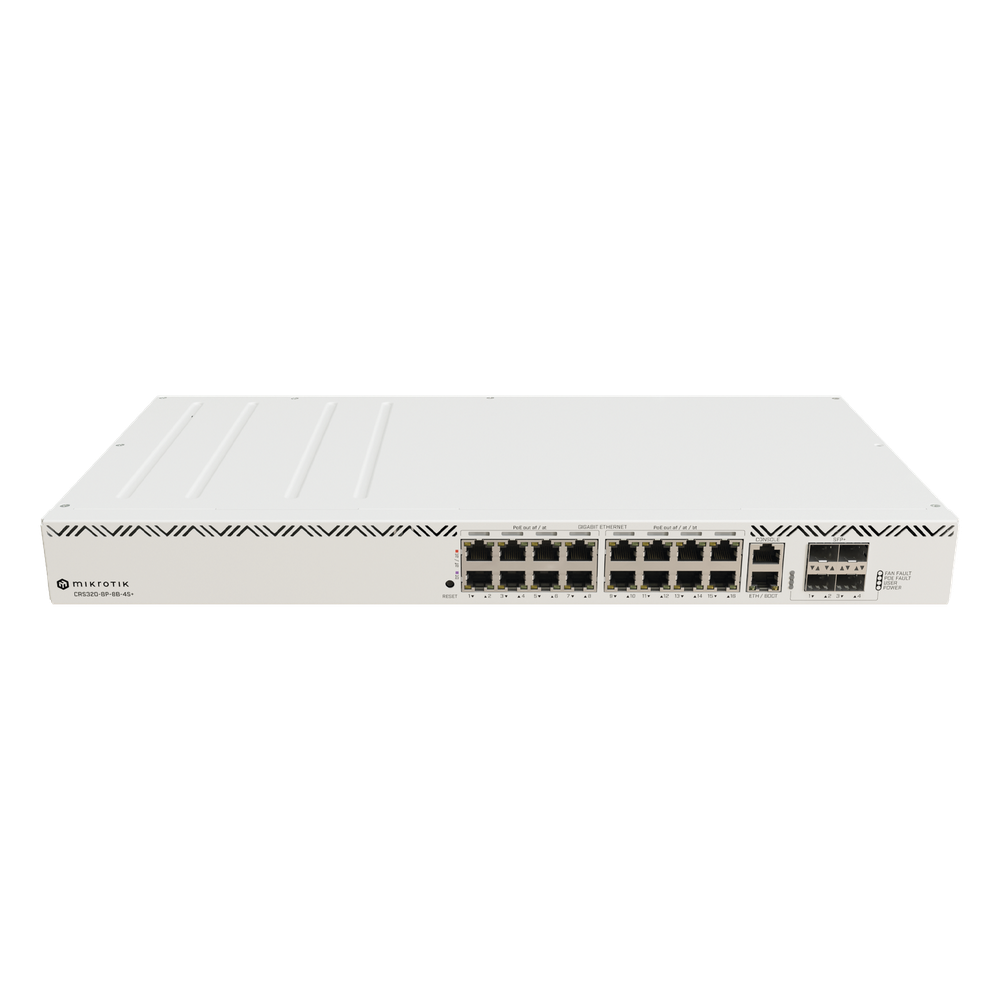 Cloud Router Switch 16 puertos, 8 PoE+ y 8 PoE++, Fuentes redundantes Hot-Swap