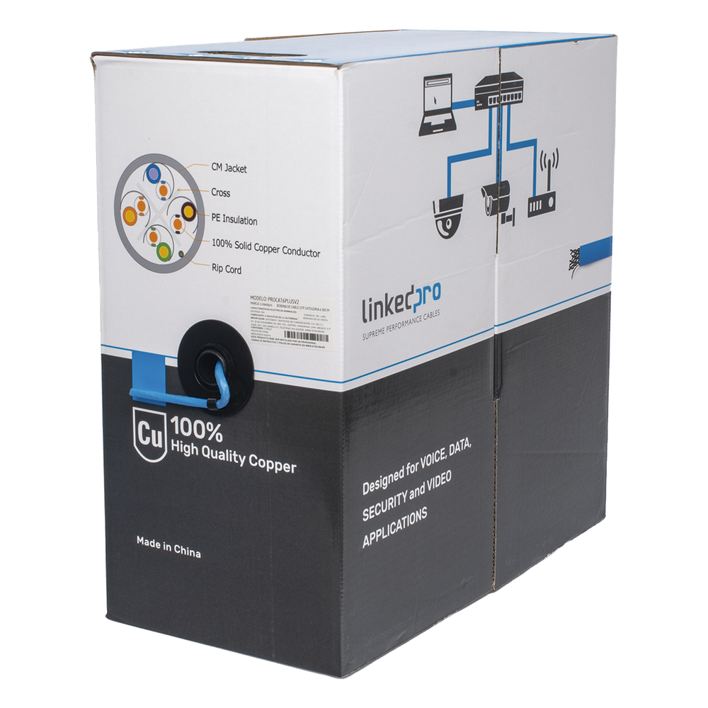 Bobina de Cable de 305 Metros (1000 Pies) Cat6+, CM, Calibre 23 Alto Rendimiento, ETL, UL, Color Azul, Super Flexible, para Aplicaciones de Video Vigilancia, Video HD, y Redes de Datos. Uso Interior.