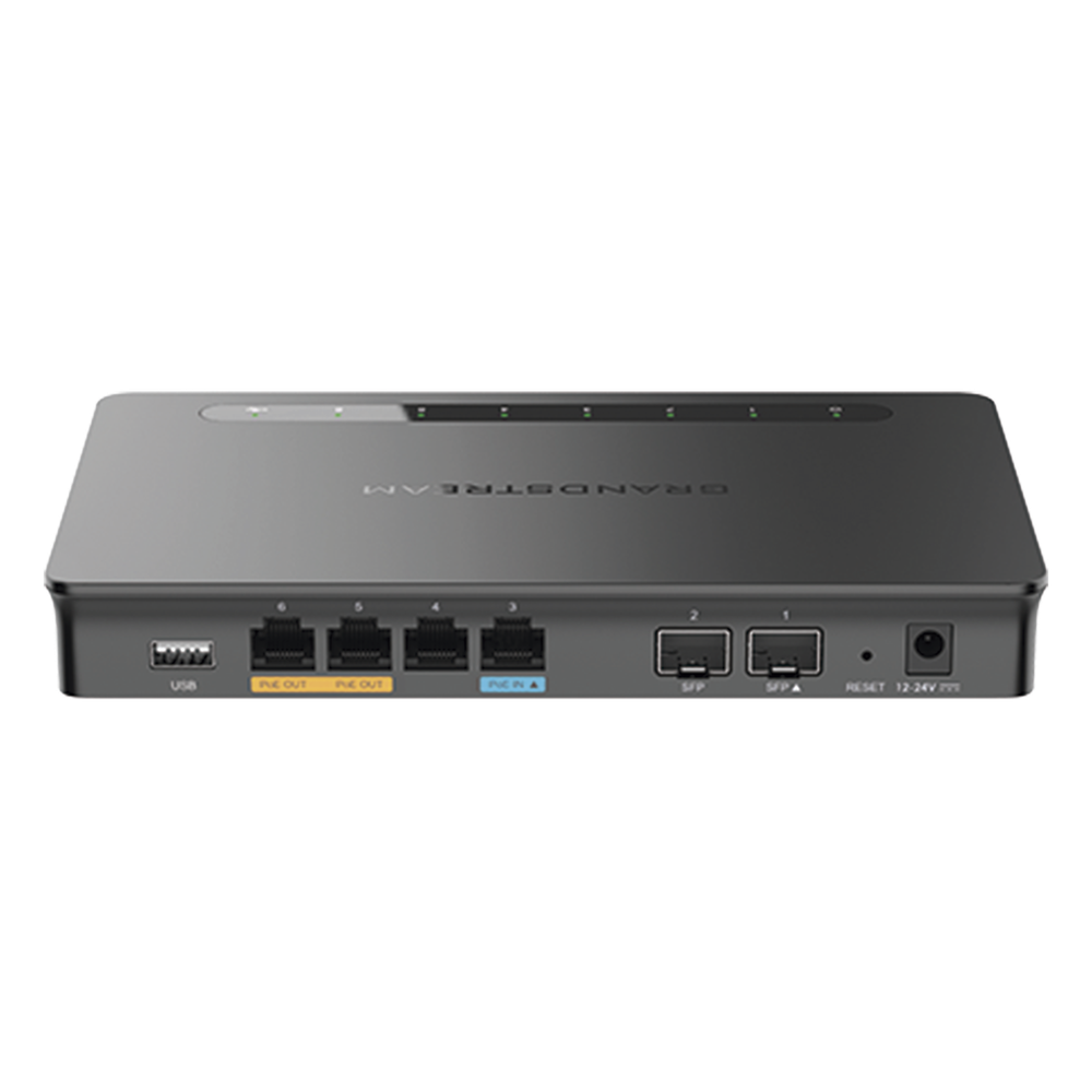 Router Gigabit VPN / Balanceador de cargas / 30,000 sesiones NAT / 4 puertos 10/100/1000 Mbps + 2 puertos SFP (WAN/LAN) / 1 puerto entrada PoE(af/at) / 2 puertos salida PoE (af/at) / Compatible con GWN Cloud.