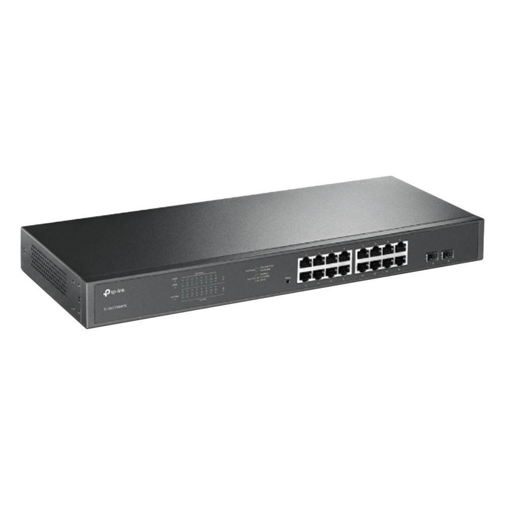 Switch JetStream de 16 puertos 10/100/1000Mbps y PoE af/at, 2 puertos SFP hasta 192W.