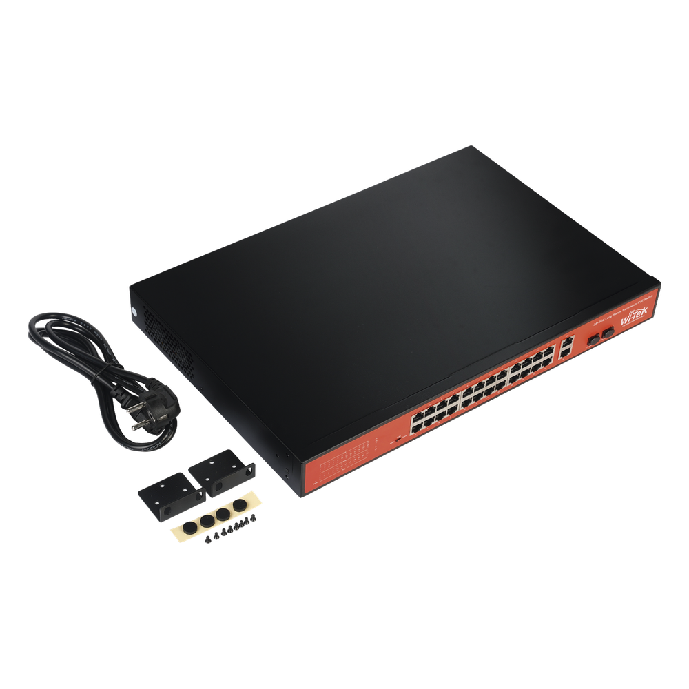 Switch PoE (802.3af/at/bt) / No administrable de largo alcance / Hasta 250m / Con 24 x 10/100Mbps + 2 x SFP Gigabit Combo / 250 W