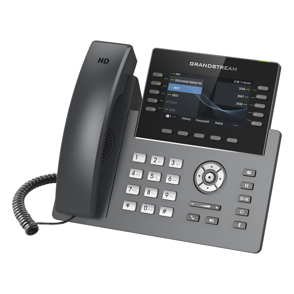 Teléfono IP Wi-Fi, Grado Operador, 10 líneas SIP con 5 cuentas, pantalla a color 4.3", puertos Gigabit, Bluetooth, PoE, codec Opus, IPV4/IPV6 con gestión en la nube GDMS