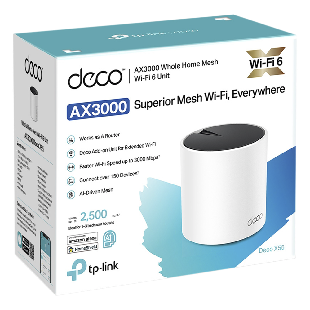 Router Inalámbrico MESH Interior para Hogar / Doble Banda Wi-Fi 6 AX3000 Mbps / 3 Puerto Gigabit WAN/LAN / 2 Antenas Internas / Administración Mediante la App Deco (iOS, Android) / Protección HomeShield