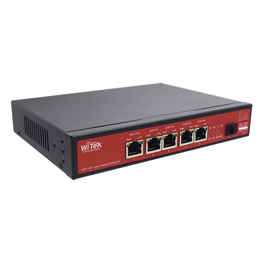Controlador Solar de 15A con Switch PoE / 1 Puerto Gigabit PoE 802.3 bt / 2 Puertos PoE 802.3 af/at / 2 Puertos PoE Pasivo 24/48 Vcc / 1 Puerto SFP / No administrable