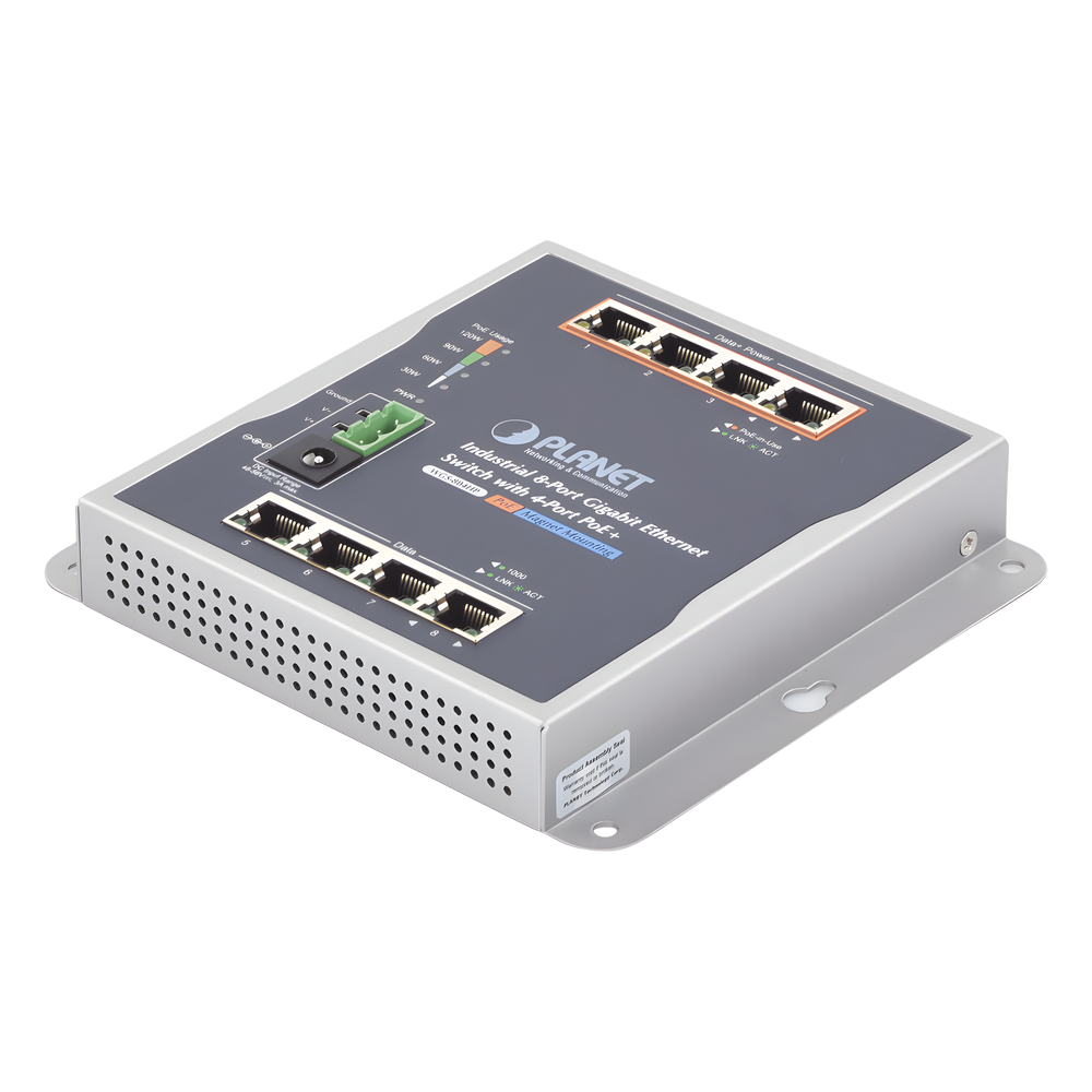 Switch Industrial No Administrable, Múltiple Montaje (Pared, Riel DIN y Magnético), 8 Puertos Gigabit con 4 puertos PoE 802.3at, Hasta 120 W.
