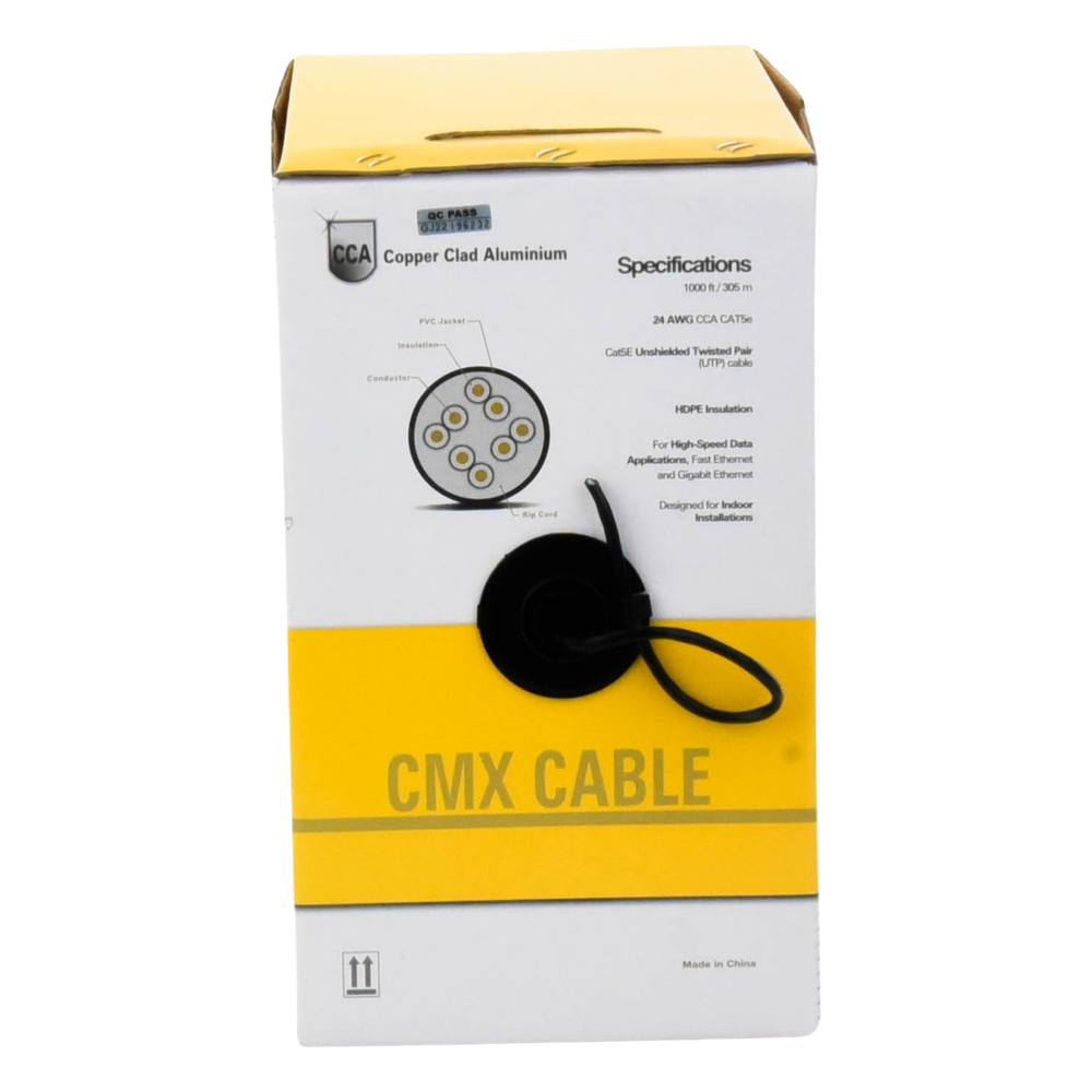 Bobina de Cable de 305 Metros (1000 Pies) Cat5e, Aleación de Cobre y Aluminio (CCA), Color Negro, Uso Interior