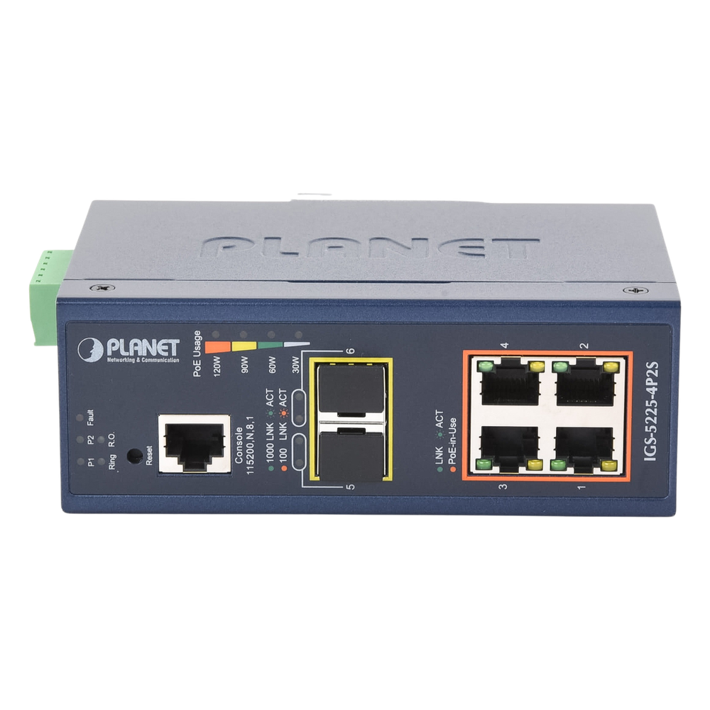 Switch Industrial Administrable Capa 2, 4 Puertos PoE 802.3af/at 10/100/1000T, 2 Puertos SFP 100/1000X