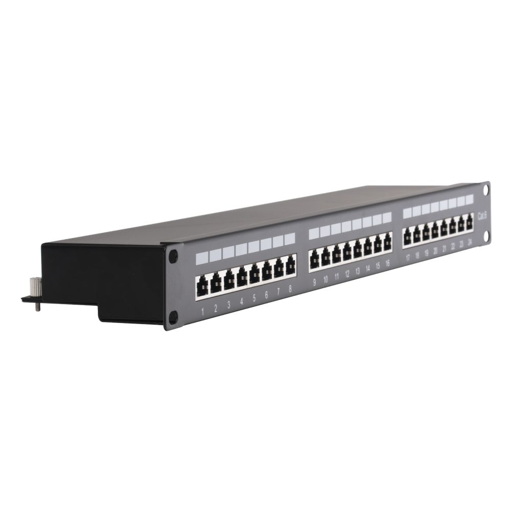 Panel de Parcheo de Impacto (110) Blindado (STP) de 24 Puertos Cat6, 19 Pulgadas