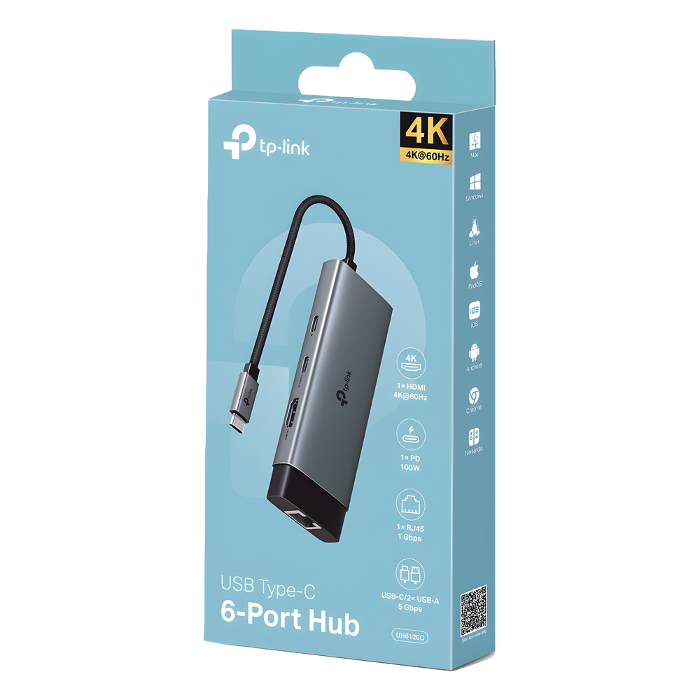 Adaptador HUB 6 en 1, 1 puerto USB-C entrada, 1 puerto HDMI 4K, 1 puerto Ethernet Gigabit, 1 puerto USB-C y 2 puertos USB-A