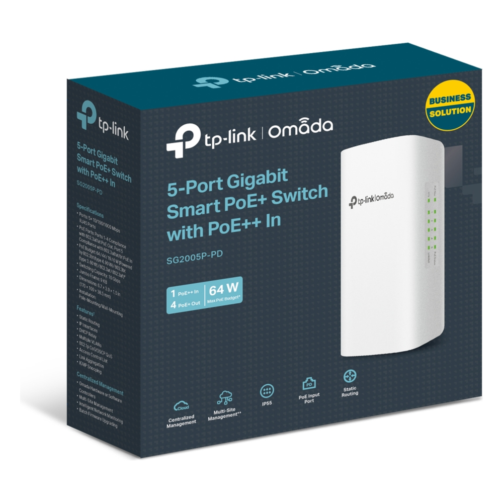 Switch PoE Omada Para Exterior / 1 Puerto PoE++ IN 802.3 af/at/bt / 4 Puertos PoE+ OUT Gigabit / Adminstración Centralizada Omada