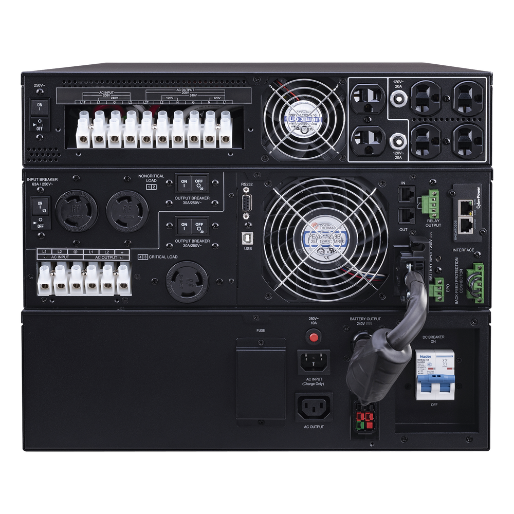 UPS de 8000 VA/8000 W, Online Doble Conversión, 200 - 240 Vac de Entrada, 120 - 240 Vac de Salida, Entrada Hardwired, Onda Senoidal Pura, Torre o Rack de 8 UR, Con 6 Tomas NEMA 5-20R, 3 NEMA L6-30R y Terminal Hardwired