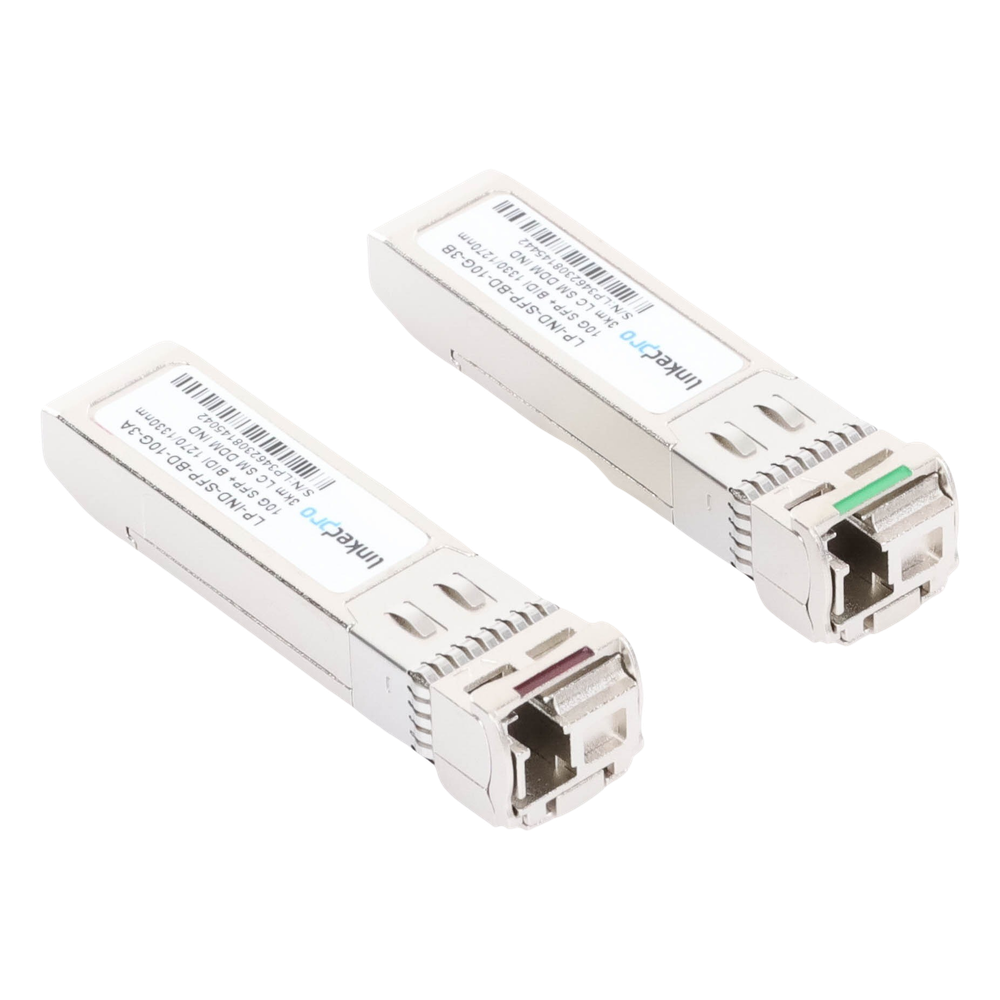 Transceptores Ópticos Industriales Bidireccionales SFP+ (Mini-Gbic) / Monomodo 1270 & 1330 nm / 10 Gbps / 10GBASE / Conector LC/UPC Simplex / DDM / Hasta 3 km / 2 Piezas