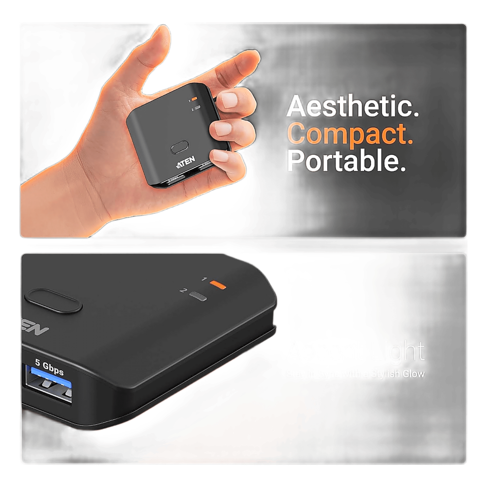 Switch USB 3.2 Gen 1 Essentials | 2 Puertos USB Tipo-A | 2 Computadoras | 5 Gbps | InstaSync | Botón Físico | Diseño Compacto | Plug-and-Play